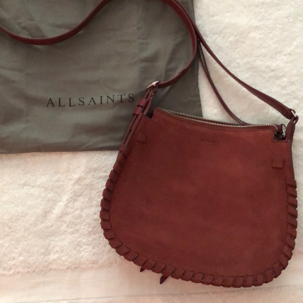 All Saints Red suede crossbody bag